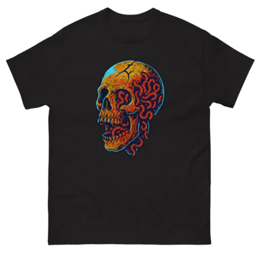 Black t‑shirt with psychedelic skull design in fiery red, orange, and blue — Horror & Hexes Back From the Dead Skull T‑Shirt