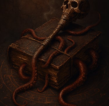 Worn grimoire with skull scepter and coiling tentacles.