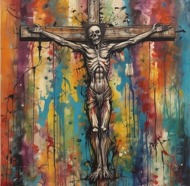 a painting of a skeleton on a cross - country road
