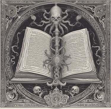 Open occult grimoire with skull-topped scepter entwined by tentacles inside an ornate circular sigil