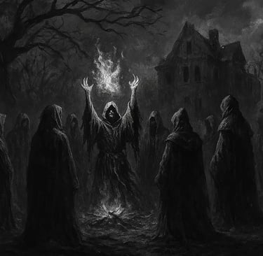 Black and white illustration of witches in a ritual circle before a haunted gothic house under storm clouds and storm.