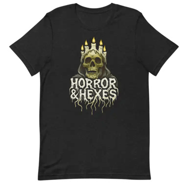 Candlehead Coven t‑shirt featuring a crowned skull with burning candles, Horror & Hexes original