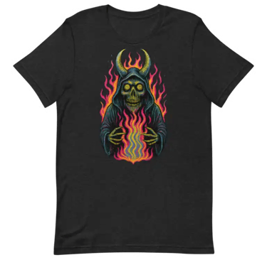 Demon with hypnotic eyes rising from psychedelic flames.