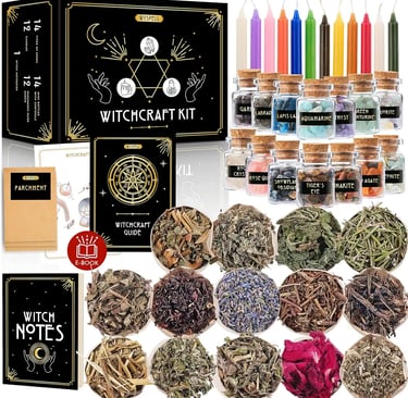 Witchcraft supplies altar kit with crystals, herbs, candles, and ritual tools — a perfect companion for Horror Poem themes