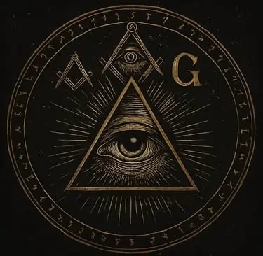 Occult gnosis and hidden teachings of the Illuminati and Freemasons — all‑seeing eye, Masonic compass, ancient scrolls