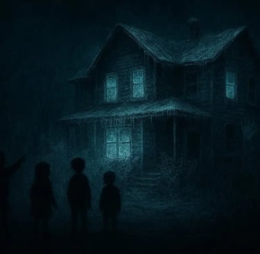 Wide horror illustration of an abandoned frost‑covered house glowing with eerie blue light from its windows