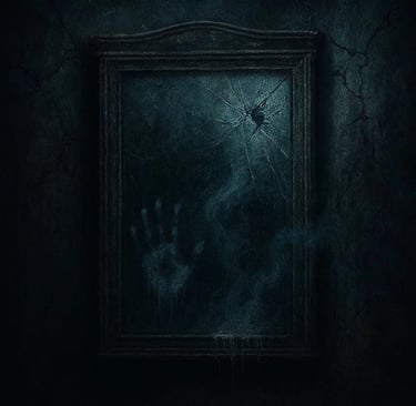Illustrated horror scene of a cracked, frost‑covered mirror on a decaying wall, glowing with eerie blue light, with a ghostly