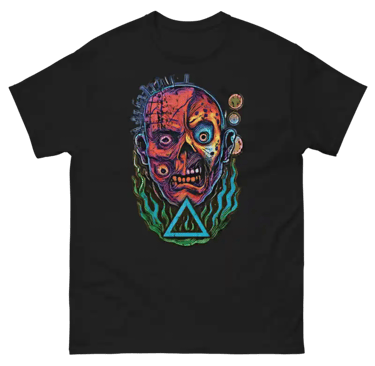 The Nightmare Pantheon shirt is a fusion of 5 Horror Icons — Pinhead, Jason, Freddy, Chucky, and the Tall Man.