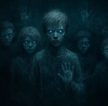 Horror illustration of ghostly frost‑covered children with glowing blue eyes emerging from mist and shadows