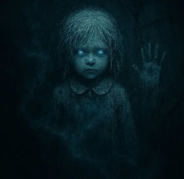 Square horror illustration of a frost‑covered young girl with glowing blue eyes standing against a cracked wall