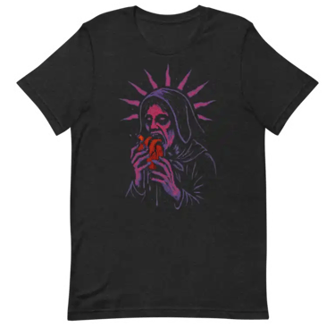 Black heavy‑weight tee with a linocut‑style hooded figure devouring a human heart in reds and purple
