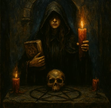 A hooded witch holding a spellbook and candle beside a ritual altar with skull and candles, in a dark Gothic chamber.