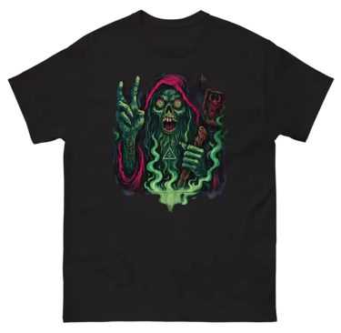 Black tee with neon zombie warlock graphic