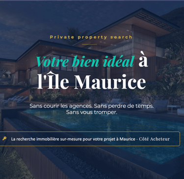 Luxury villa with swimming pool at dusk in Mauritius, promoting private property search services.