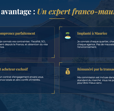 Infographie présentant les avantages d'un expert immobilier franco-mauricien pour investir à l'île Maurice.