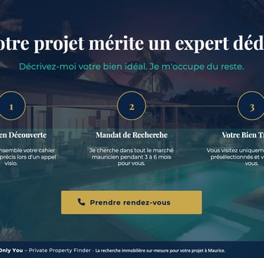 Three-step real estate search process for luxury properties in Mauritius with pool background.