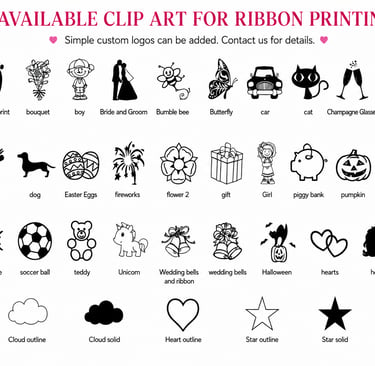 Selection of custom clip art icons for personalized ribbon printing, featuring diverse symbols like hearts, stars, and