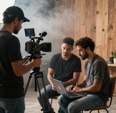 Three individuals are engaged in a filmmaking or video production process inside a studio. One person operates a professional camera mounted on a rig, wearing a mask and cap. Two other people are seated, one intently looking at a laptop, creating an atmosphere of concentration and collaboration.