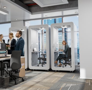 Single acoustic pod with glass panels for quiet workspace
