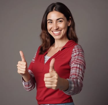 A smiling girl giving a thumbs up, showcasing her approval.