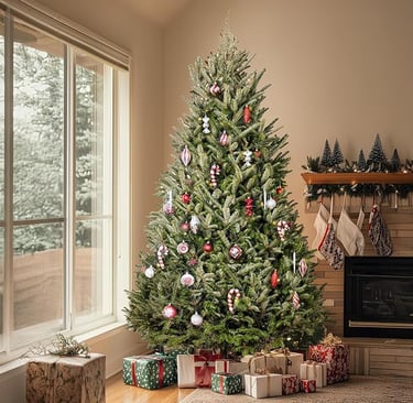 a real Chrismas tree, a christmas tree with presents and presents on the floor