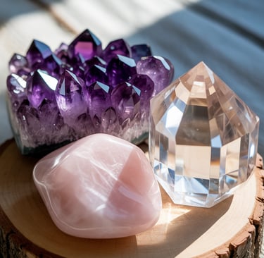 Ein wunderschöner natürlicher Amethystkristall mit einer Bergkristallspitze und einem Rosenquarz