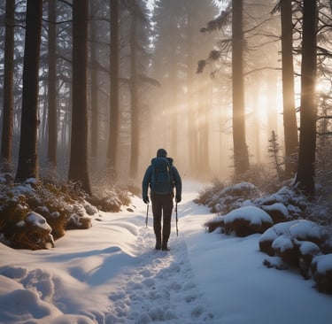 orman yolunda sırtında çanta ile yürüyen bir dağcı elinde ise bir kazma ve bir gaz lambası