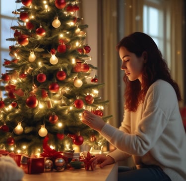 A cozy living room adorned with Christmas lights and decorations.