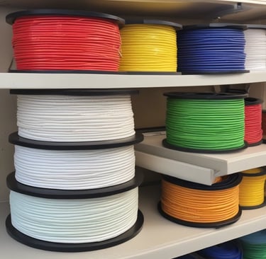 A person wearing a lab coat is inspecting a 3D printer in a modern, well-lit laboratory setting. The room has multiple 3D printers placed on shelves, with visible ventilation ducts and a clean, organized environment. The light from the overhead fixtures and windows highlights the mechanical equipment.