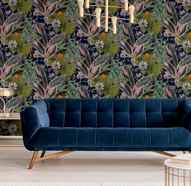 bold floral and sophisticated wallpaper on navy base with green and pink florals