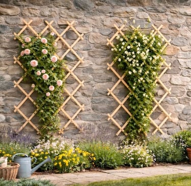 Pink climbing roses and white flowers grow on wooden garden trellises against a rustic stone wall.