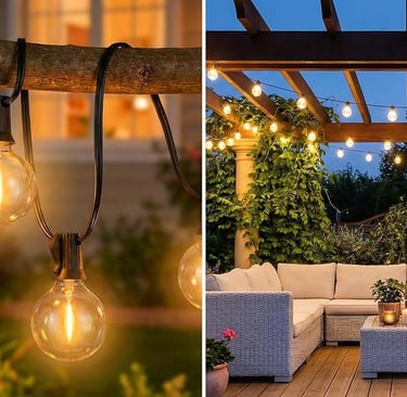 Warm outdoor string lights hanging on a patio pergola and tree branch over a modern garden lounge.