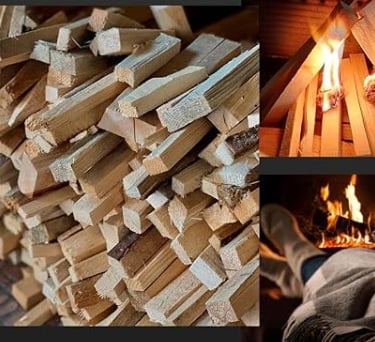 Stacked split firewood, kindling starting a fire, and a person reading by a cozy fireplace.