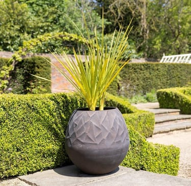 A decorative textured round Primrose garden planter with a vibrant green yucca plant