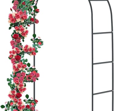 Black metal garden arch trellis decorated with climbing pink and red roses for wedding outdoor events.