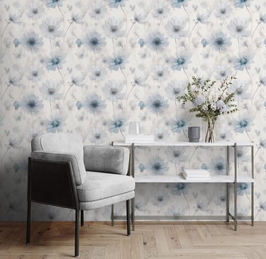 gentle ad elegant flower wallpaper, white background with subtle blue daisies