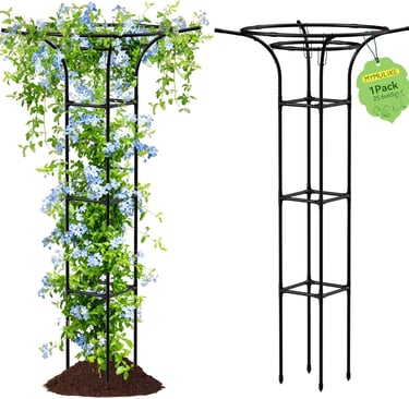 Black metal garden trellis for climbing plants and flowers, featuring a tall tower design with a flared top.