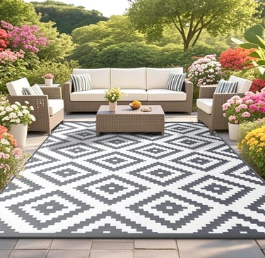 Modern geometric black and white outdoor rug on a patio with wicker furniture and blooming flowers.