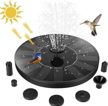 Solar powered bird bath fountain pump kit with multiple nozzle heads.