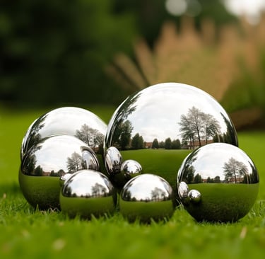 Polished stainless steel gazing balls in various sizes reflecting a green garden landscape.