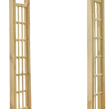 A classic wooden garden arbor with a lattice trellis design for climbing plants and outdoor landscaping.