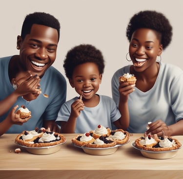 A family sharing slices of pie at a cozy dining table.