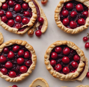 A vibrant mini cherry pie topped with fresh cherries.