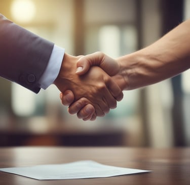 two men facing each other while shake hands and smiling