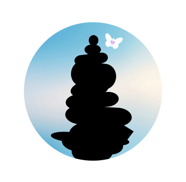 MAPCA logo icon of cairn, blue sky, white butterfly with a lavender heart