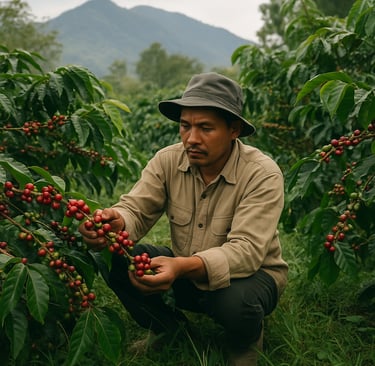 Hand-picked Arabica cherries in Gayo Highlands, Sumatra