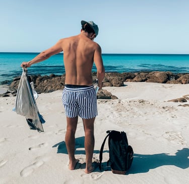 a man with his rucksack at the beach