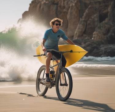 a surfer riding a bicycle with his board