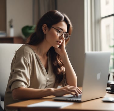 une femme réfléchi a ses futures vacances avant d'acheter ses billets d'avion