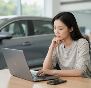 une femme recherche une location de voiture sur internet
